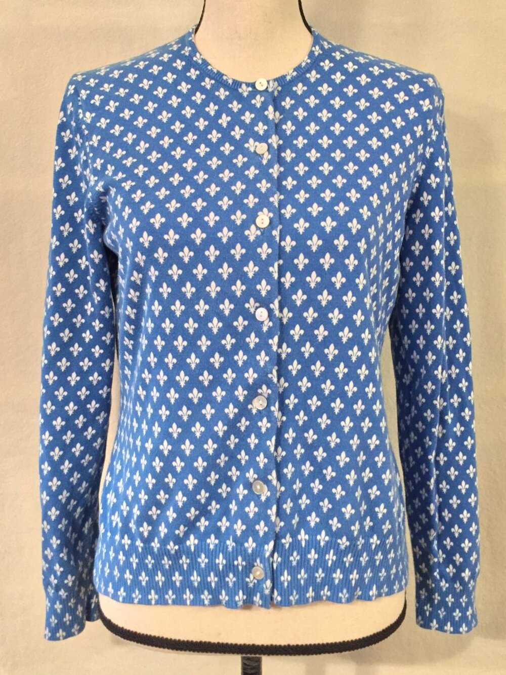 Lands' End blue white fleur de lis cotton crewneck long sleeve cardigan